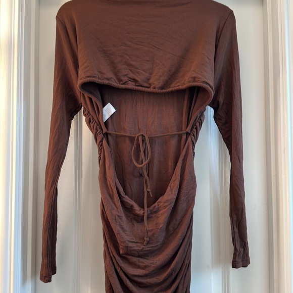 NAKED WARDROBE Ruched Long Sleeve Cutout Minidress in Chocolate XL NWOT - Picture 6 of 11